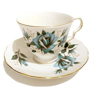 Vintage Royal Vale Bone China England Tea Cup and Saucer Blue Roses Gold Rim Vtg